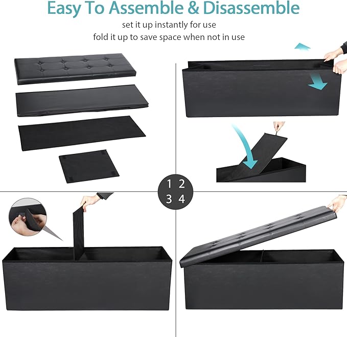 SUPER DEAL 43 Inch Folding Storage Ottoman Bench, Faux Leather Storage Chest Shoes Bench with Divider Padded Seat Couch Footrest for Bedroom Entryway, 660 lbs Capacity 43"x 15"x 15", Black