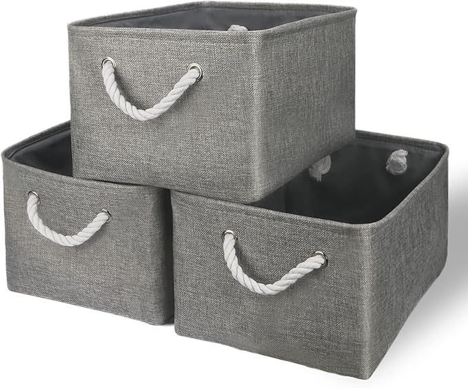 TheWarmHome Storage Bins - Medium 3 Pack Storage Baskets for Organizing Shelves | Fabric Storage Cubes Organizer for Linen Closet Nursery Home Decor Grey