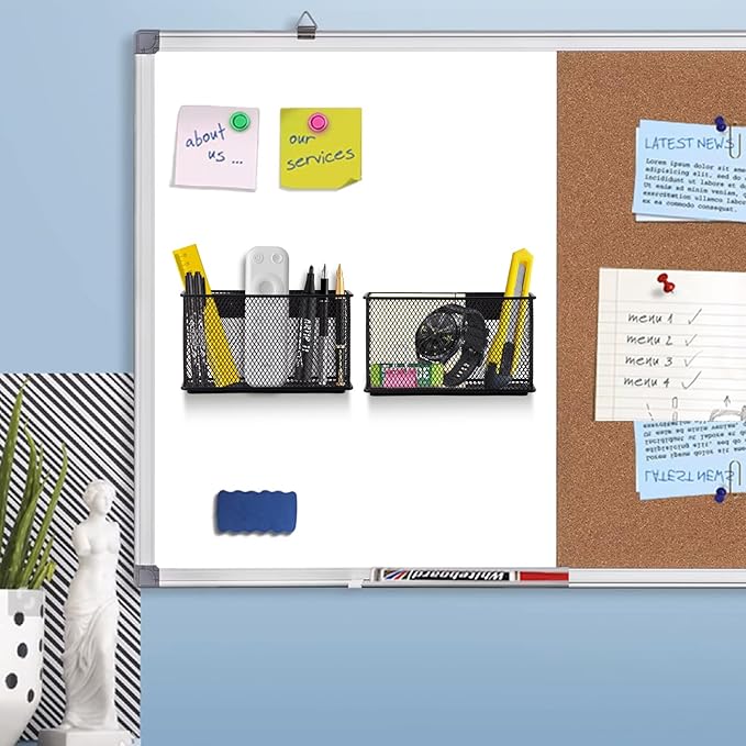 Wire Mesh Storage Baskets Organizer Set of 2 Black Magnetic Basket with 5 Strong Magnets Magnetic Organizer Holder for Refrigerator Locker Whiteboard Office, 6.29'' × 2.28'' × 3.54''