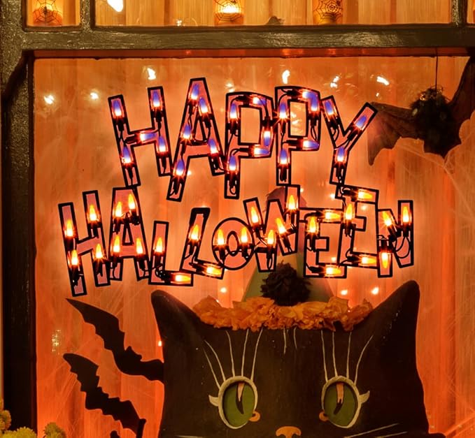 17" Lighted Happy Halloween Halloween Window Silhouette Decoration,Halloween Lighted Window Decoration,Hanging Light Up Holiday Ornament( Happy Halloween)