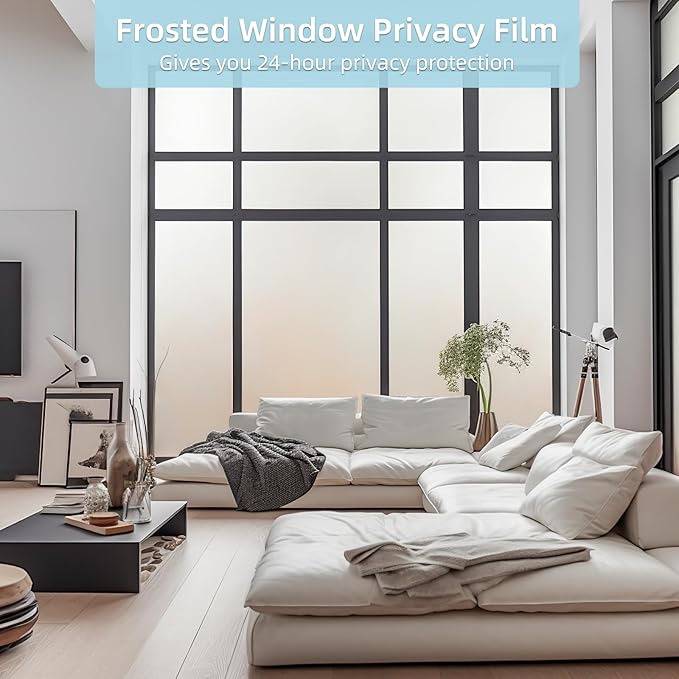 DUOFIRE Privacy Window Film Frosted Glass Film Matte White Static Cling Glass Film No Glue Anti-UV Window Sticker Non Adhesive for Privacy Office Meeting Room Bathroom Living Room DS001W 17.4x118in