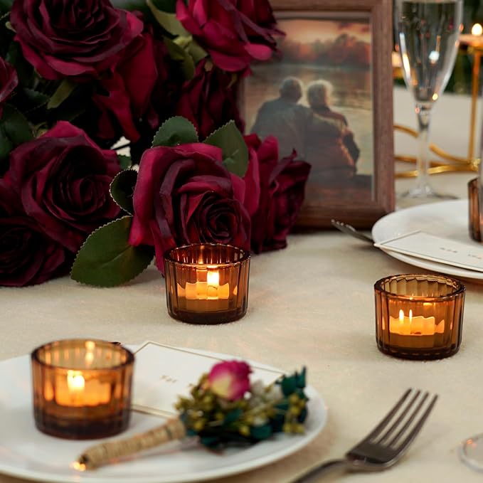 Homemory 24 Pcs Tealight Candle Holders, Amber Votive Candle Holders, Glass Candle Holder for Table Centerpiece, Wedding, Baby Shower, Birthday, Party, Halloween, Christmas