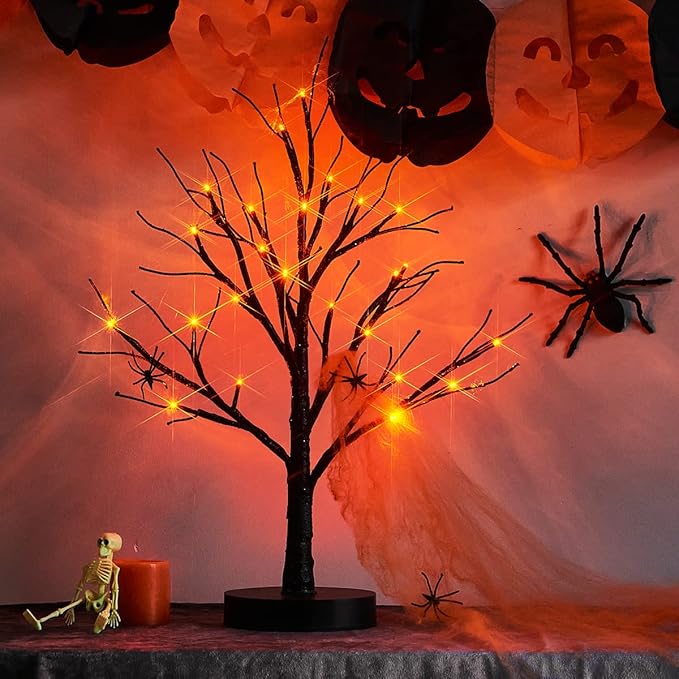 Fudios Black Halloween Tree with Lights 24 LED Orange with Timer, Lighted Tabletop Glittered Spooky Tree Artificial 18in for Witch Home Decor Battery Operated or USB Plug