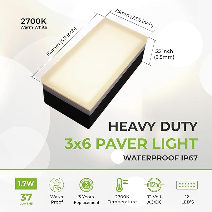 LUMENGY Paver Light 3×6 Inch (2.95 X 5.9), Warm White Glare-Free Illumination for Driveways, Pathways, Pool Deck & Patios, 12V AC/DC, Waterproof & Drive-Over Rated
