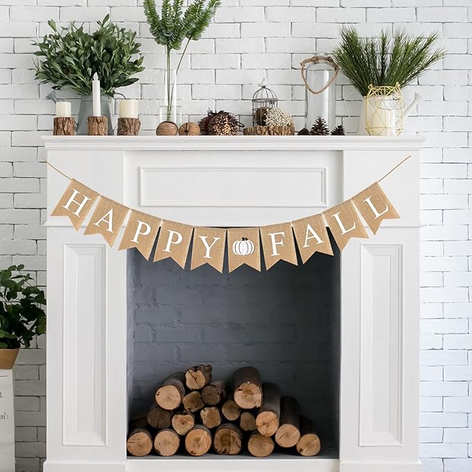 Happy Fall Burlap Banner White Jute Burlap Pumpkin Garland Harvest Mantel Fireplace Wall Hanging for Home Office School Party Decor Thanksgiving Decoration