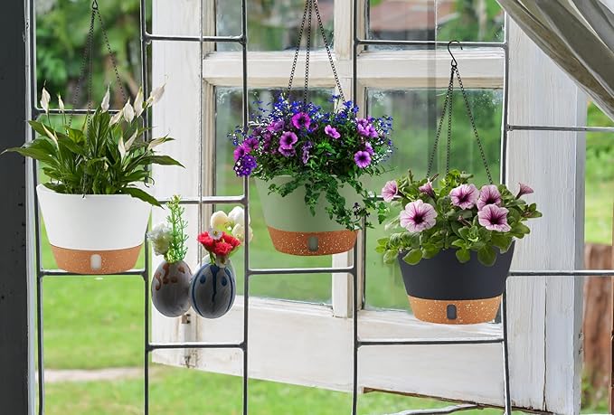 2 Pack Hanging Planters, 10 inch Indoor Outdoor Hanging Plant Pot Basket, Hanging Plastic Flower Pot with Drainage Hole with Removable Tray&Hooks for Hanging Plants,Green