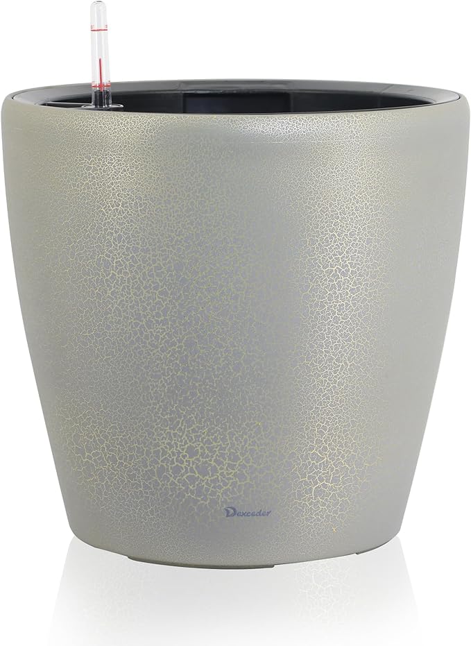 Dexceder 15x14 Self Watering Planter with Wheels Indoor Outdoor, Inner Pot Design, Thickened Large Floor Standing Flower Plant Pot with Water Level Indicator (Grey Gold Crackle)