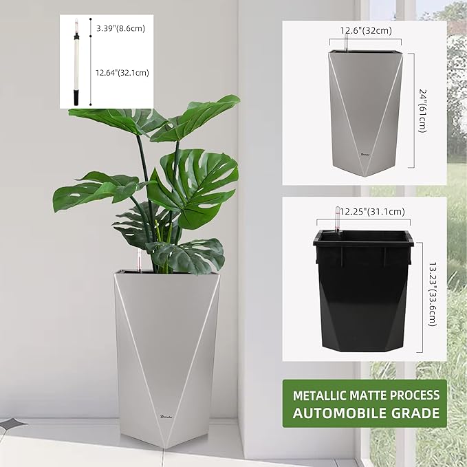 Dexceder 24 Inches Tall Self Watering Planter Diamond Metallic Matte Indoor Outdoor, Thickened Rhombus Large Floor Standing Flower Plant Pot with Water Level Indicator (Gray)