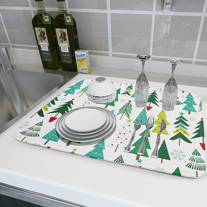 Green Trees Dish Drying Mat for Kitchen Counter Holiday Super Absorbent Reversible Microfiber Kitchen Countertop Protector Dishes Pad Large 18x24 inch