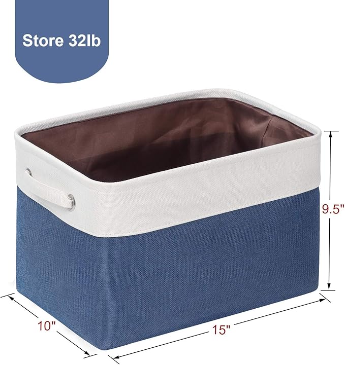 Kntiwiwo Foldable Storage Bins 15" x 10" x 9.5" Fabric Storage Basket Cube with Handles Large Linen Closet Organizer Bins for Organizing Shelf Home, Set of 3, Blue