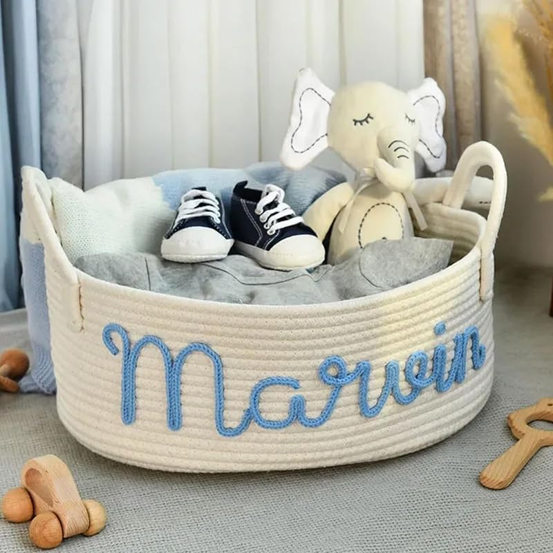 Personalized Baby Name Basket, Custom Woven Baby Shower Gift Basket with Cotton Rope Handle Baby Diaper Nursery Shelf Storage Basket Bin for Kids' Bedroom (Style 4)