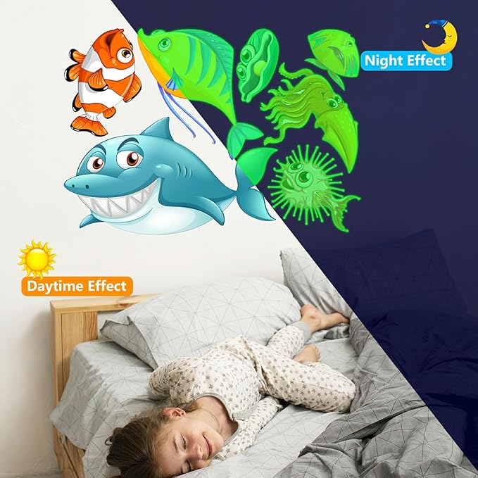 Glow in The Dark Ocean Fish Stickers, 36 PCS Glowing Luminous Sea Life Animals Wall Decals Under The Sea Ceiling Stickers for Kids Boys Girls Bedroom Nursery Playroom Party Room Decor