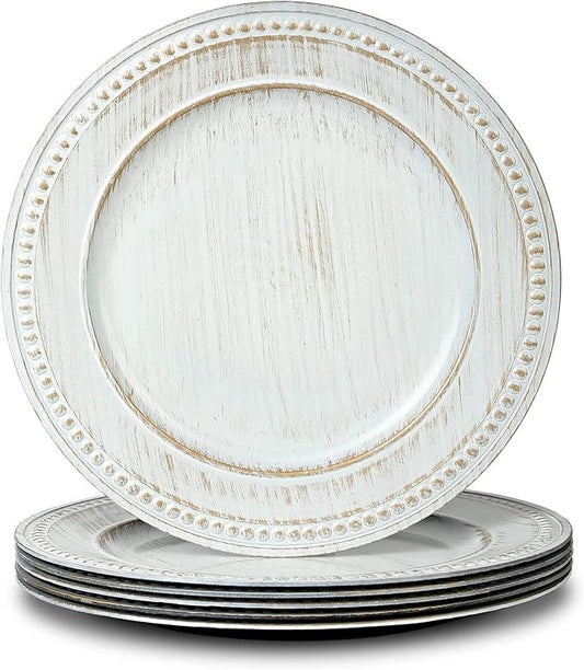 13" Vintage Charger Plates, Beaded Chargers for Dinner Plates Set of 6, Charger Plates Bulk Wedding, White