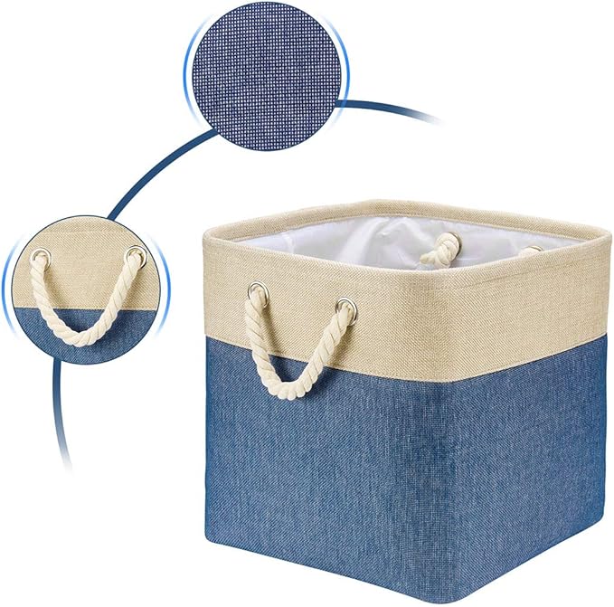 i BKGOO 3Pack Large Foldable Storage Bins，Collapsible Sturdy Cationic Fabric Organizing Storage Basket Cube with Cotton Handles for Home Office Shelf Clothes Toys Khaki-Blue 13×13×13 inch