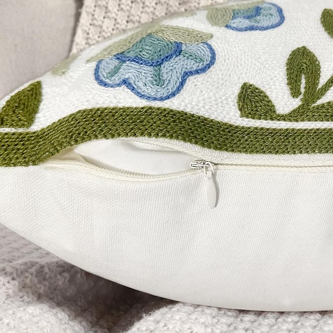 Alysheer Floral Embroidered Summer Decorative Throw Pillow Covers 18"x 18" Set of 2, Farmhouse Blue Flowers Green Vines Patterned Cotton Cushion Cases for Couch Bed Living Room Cottage Decor