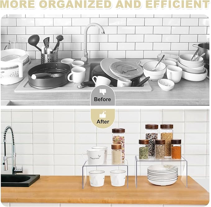 Acrylic Clear Kitchen Rack for Dishes, Spices Jars and Mugs, Kitchen Counter Cabinet Organizer, Clear Spice Rack Shelves, 5mm Thick, 2 Pack