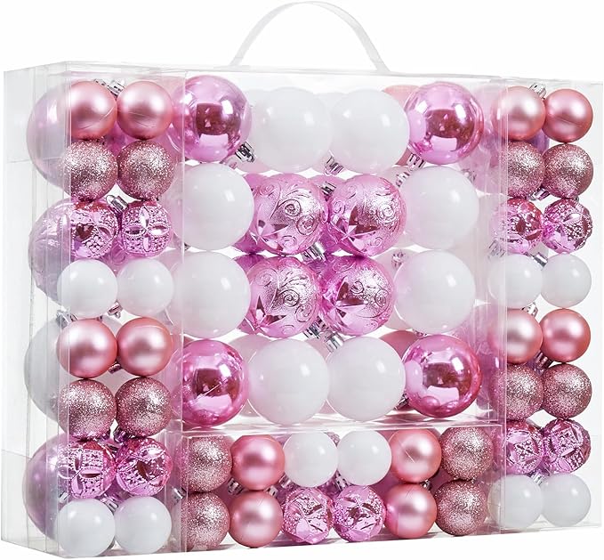 87-Pack Shatterproof Christmas Ball Ornaments Set, Christmas Tree Decorations with Hand-held Gift Package for Xmas Tree Holiday Wedding Party (Pink and White)