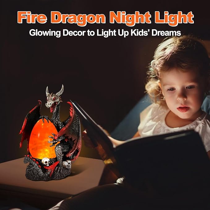 Fire Dragon Glitter Globe Statue Dragon Egg Glowing Sculpture, Skull Accent Base, Evil Dragons Lantern with 6H Timer, Battery Operated, Cool Decoration for Halloween, Fantasy Gift for Collectors