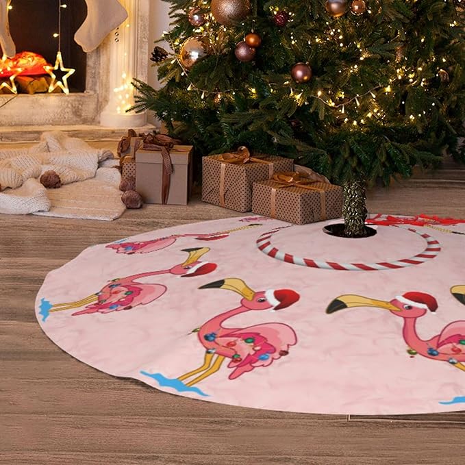 36" Large Christmas Tree Skirt, Christmas Decorated Flamingo Pattern Tree Mat Base Cover for Xmas Festive Holiday Party Decoration Ornaments
