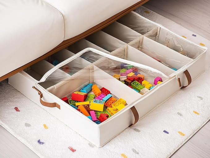 StorageWorks Shoe Organizer Under Bed for Closet, 2-Pack Ultra-thick Fabric Shoe Storage Containers with Bottom Support and Adjustable Dividers, Fits up to 24 Pairs, Beige