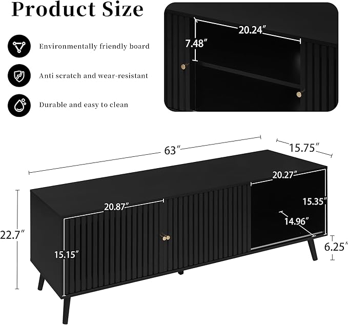 Mid Century Modern TV Stand for Televisions up to 70 Inches, with Sliding Doors and Storage, Television Stands, TV Consoles, Media Consoles for Living Room, 63 Inch (Black)