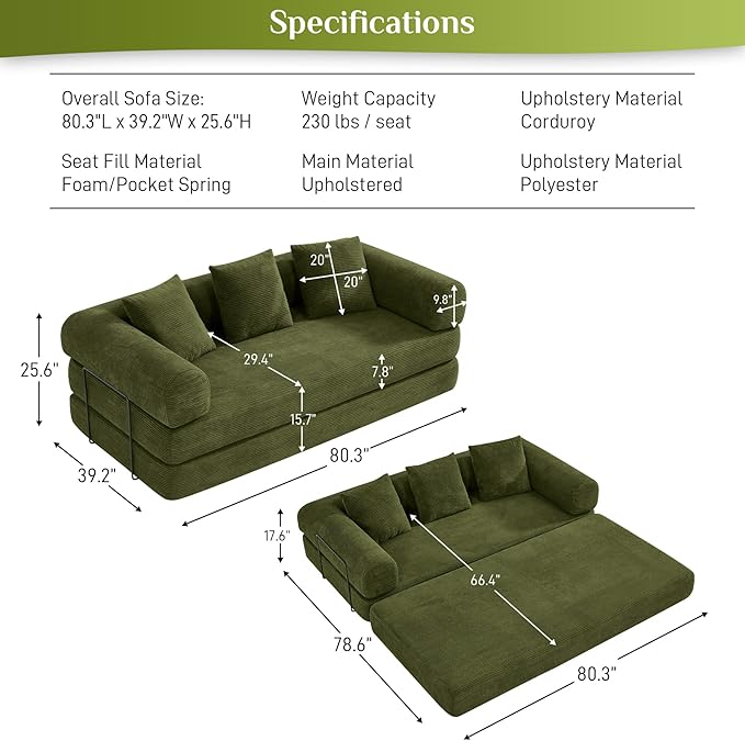 80.3" Convertible Sleeper Sofa Bed with Cylindrical Pillow, Corduroy Folding Mattress Couch with Fixed-Shape Frame, Modular Floor Sofa Lounge Couch for Living Room Bedroom Lounge, Green