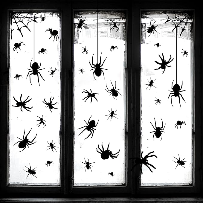 4 Sheets Spider Window Clings - Double-Sided Removable Glass Decals, Halloween Themed Window Stickers for Kids Party Decorations