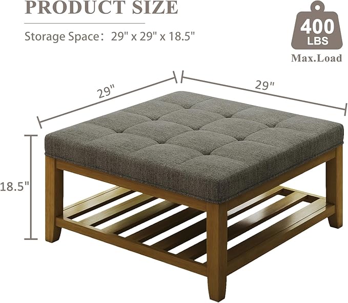 Large Square Ottoman Coffee Table, Linen Solid Upholstered Footrest Ottoman with Solid Wood Shelf Storage Tufted Coffee Table for Bedroom Living Room, Granite