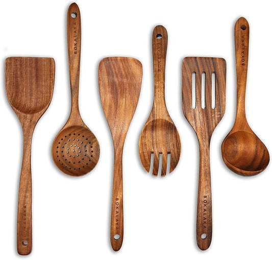 GreyWooden Kitchen Utensil Set, 6Pcs Wooden Cooking Utensils for Non-Stick Pan, 100% Natural Teak Wooden Spatula