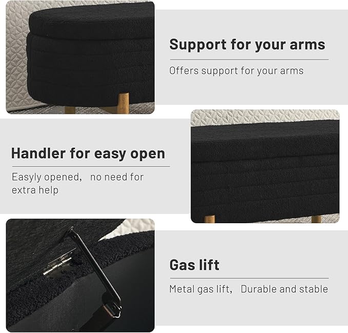 Furniliving 46” Storage Benches, End of Bed Bench with Button-Tufted Large Upholstered Storage Ottoman Teddy Window Bench with Storage Shoe Cabinet Bench, for Bedroom, Entryway, Closet, Black