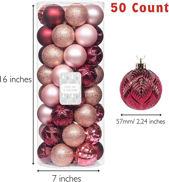 Every Day is Christmas Ornaments, Shatterproof Christmas Tree Ornament Set, Christmas Balls Decoration 50 Count (2.24"/57mm, Pink Rose)