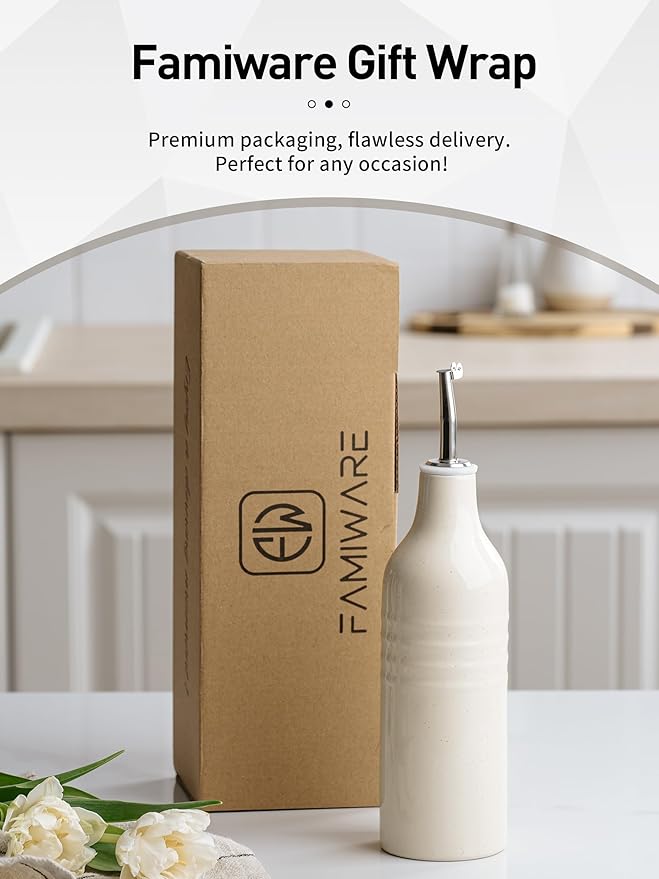 famiware Jupiter 16oz Ceramic Olive Oil Dispenser Bottle, Olive Oil and Vinegar Dispenser Bottle Set of 2 with Stainless Steel Pourers, Suitable for Storage Vinegar, Vanilla White & Light Green