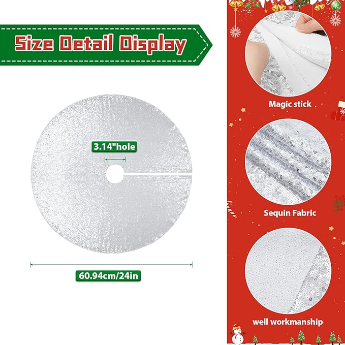 Eternal Beauty Christmas Tree Skirt, 24 Inch Silver Sequin Tree Skirt Small Xmas Tree Skirt for Christmas Tree Decorations