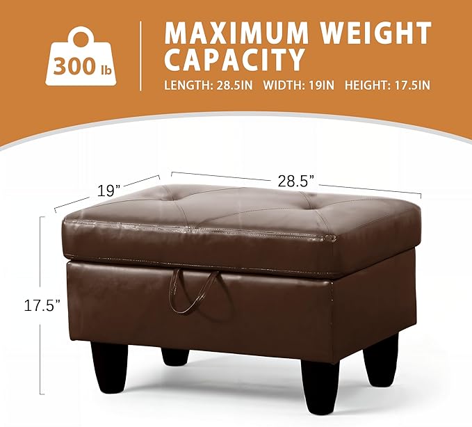 Ottoman Rectangular Storage Ottoman Bench, Faux Leather Footrest, Coffee Table, Stool Footstool with Hinged Lid for Living Room, Bedroom, Entryway, Brown, 28.5"x19"x17.5"
