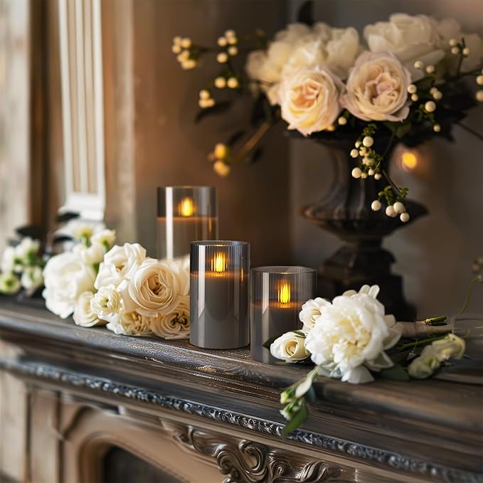 Amagic Grey Flameless Candles with Remote, Battery Operated Candles with Timer, Ribbed Glass LED Pillar Candles with Flickering Flame for Spooky Halloween Party Decor, Real Wax, Set of 3