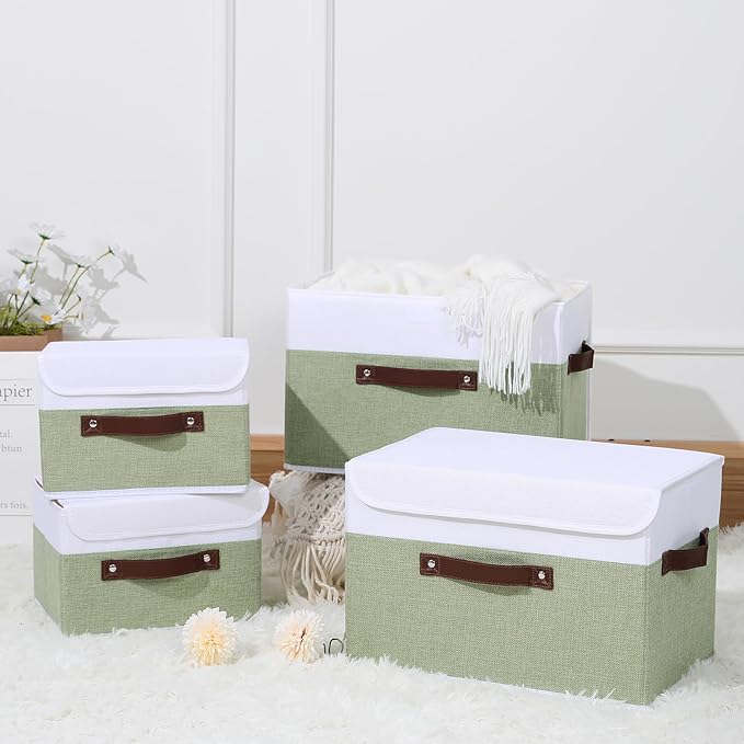 ANMINY Storage Boxes with Lids Washable Decorative Storage Bins Basket with PU Leather Handle Foldable Linen Fabric Storage Cubes Containers for Home Closet Organizer - Green White, Small Size