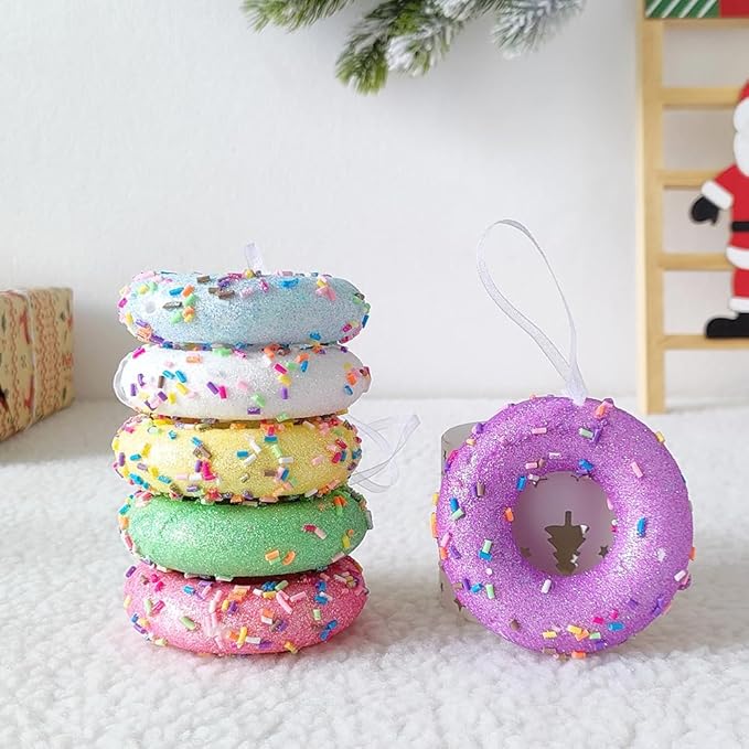 Donut ChristmasParty Decorations Ornaments, 6Pcs Hanging Christmas Tree Candy Ornament, Macaron Color Mini Dessert Donut Pendant Set for Xmas New Year Easter Birthday Home Party Supplies (Doughnut)