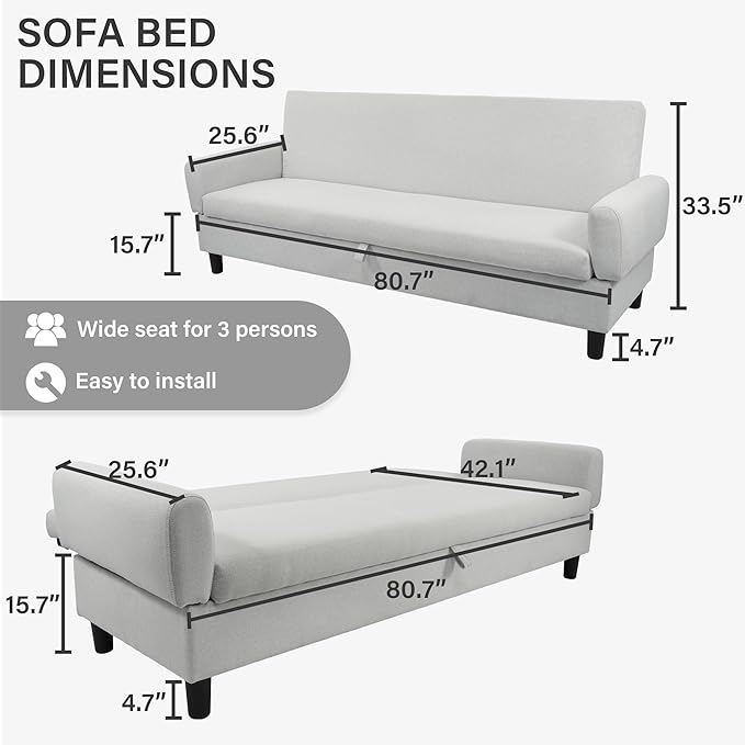 Convertible Futon Sofa Bed, 80.7" Adjustable Sleeper Sofa with Storage, 3-Seater Couch, 5-Position Reclining Back, 7" Thick Cushion, Twin Size Sofa for Small Spaces, Living Room, Bedroom, Dorm, Office