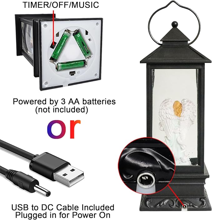 Eldnacele Musical Singing and Lighted Plug-in & Battery Operated Lighted Christmas Water Glittering Snowing Globe Christians Church Lantern for Home Decoration Angel