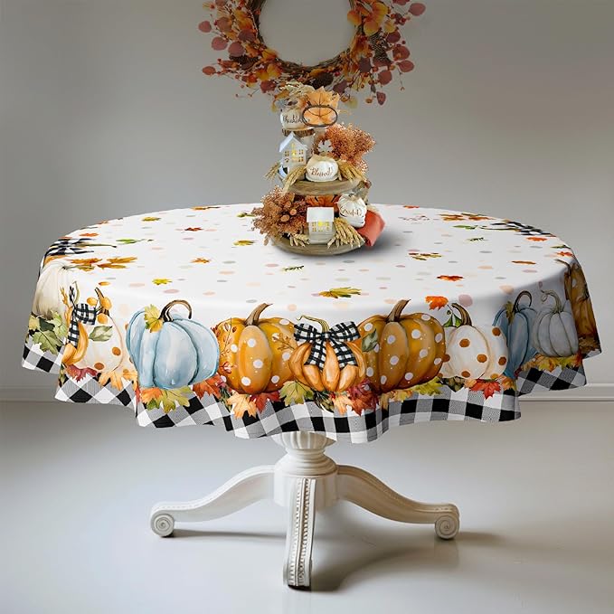 Fall Pumpkin Tablecloth Thanksgiving Autumn Buffalo Plaid Table Cloth 60"x60", Waterproof and Reusable Table Cover for Fall Harvest Party Decoration