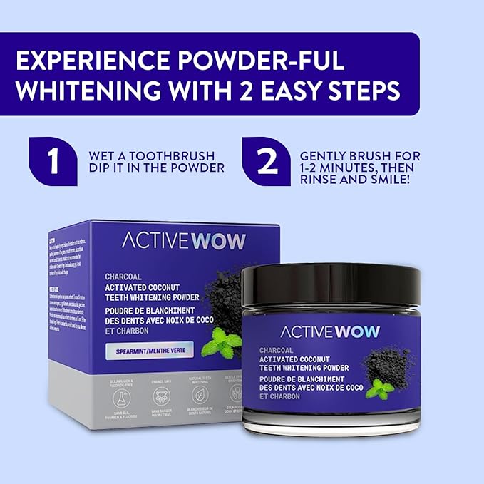 Active Wow Activated Coconut Charcoal Powder - Natural Whitening, Fluoride Free, Sulfate & Paraben Free, Spearmint Toothpaste Powder, 20g