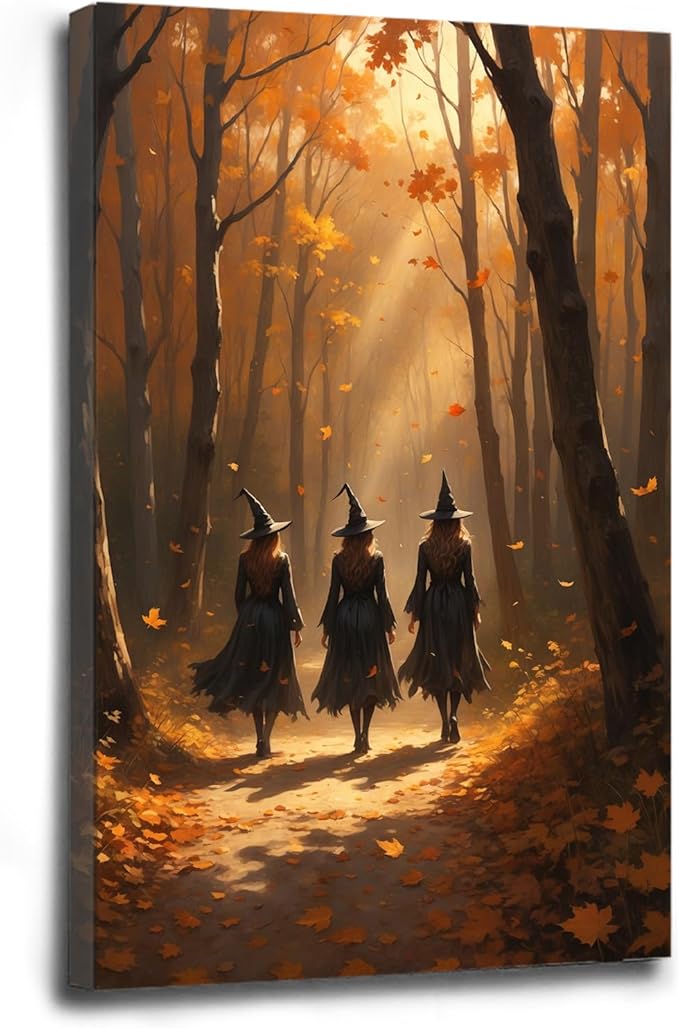 Three witches walking in the forest in autumn canvas painting gothic poster halloween print country witch wall art for home decoration16x24in Wood Framed