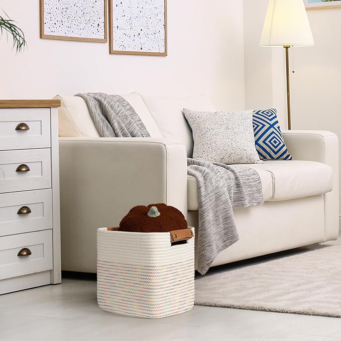 danpinera 11"x11" Storage Cubes, Soft Boho Storage Basket with Neat Stitching, 3-Pack Cube Storage Organizer, Woven Baskets for Storage in Living Room, Kids Room, Bedroom, Rainbow