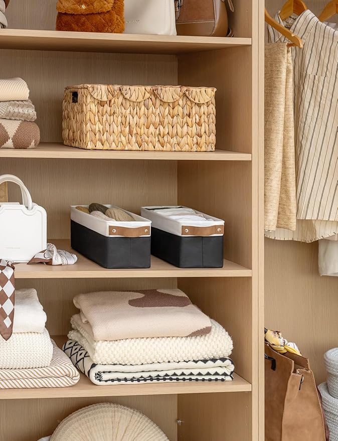 StorageWorks Narrow Storage Bins, Small Basket for Closet and Shelves, Fabric Organizer with Handles, Toilet Paper Storage, Black and White, 2-Pack