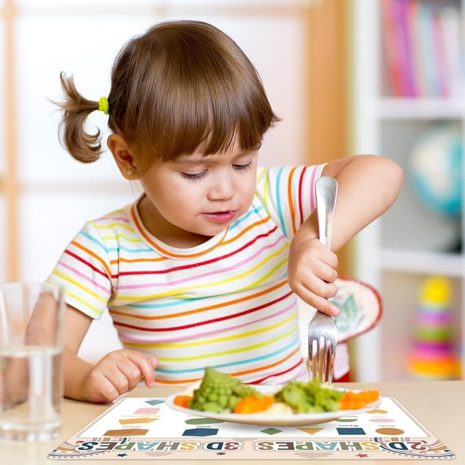 Educational Preschool Kids Placemats Set of 6 Boho Toddler Montessori Plastic Table Mats Non Slip Reusable Kids Place Mats Washable Table Decoration for Indoor Outdoor Party Kitchen Dining