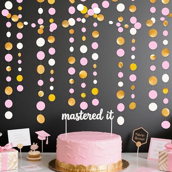Gold and Pink Party Decorations Circle Dots Garland Metallic Gold Light Pink and White Hanging Polka Dot Streamer for Women Girl Birthday Baby Shower Bridal Shower Wedding Princess Party Supplies