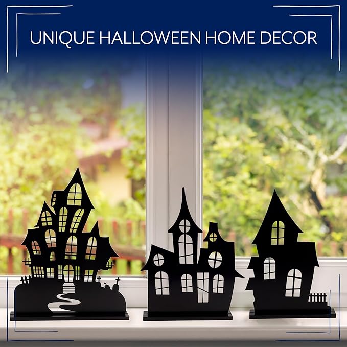AuldHome Design Spooky Halloween House Village Silhouettes (Set of 3); Scary Haunted House Wood Statue Figurines Centerpiece Set