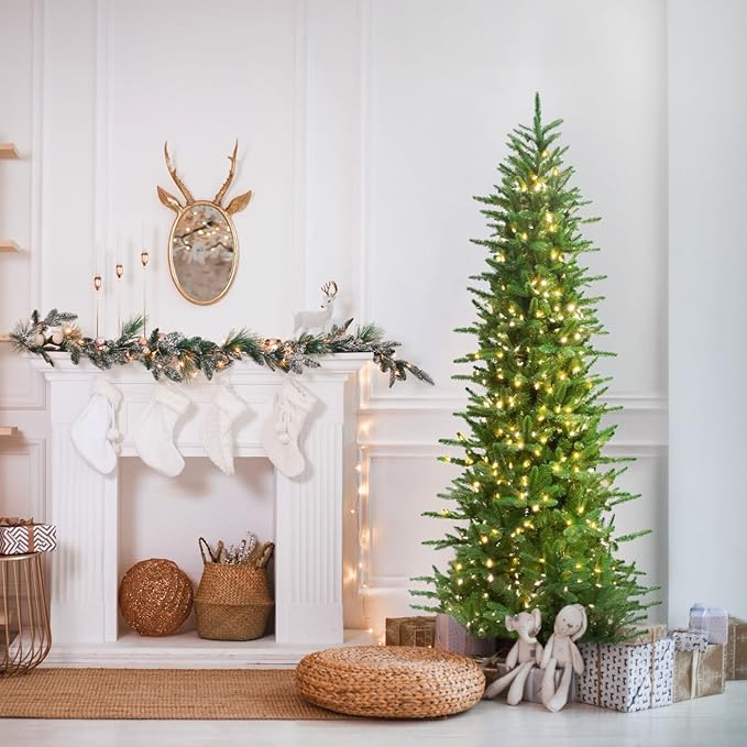 Fraser Hill Farm 7.5-Ft. Carmel Pine Slim Artificial Christmas Tree with Warm White LED Lights and Stand, Prelit Foldable Fake Tree with Realistic Foliage for Home Decoration