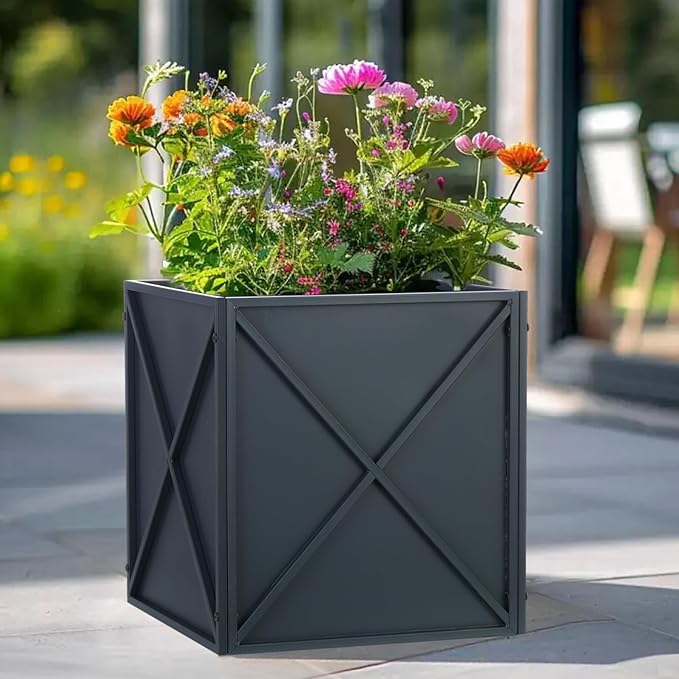 SUNNYPARK Large Metal Planter Box 17”x 17”x 18”, Square Modern Grey Metal Planter Box Heavy Duty with Drainage Holes for Outdoor Garden Patio