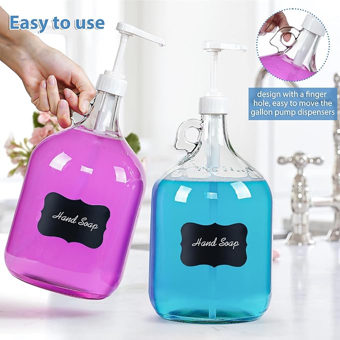 2 Pack Gallon Glass Pump Bottle Dispensers with 3 Pumps and 2 Airtight Lids, Laundry Soap Dispensers with 1 Funnel, Liquid Laundry Detergent Dispensers for Fabric Softener, Shampoo, Body Wash